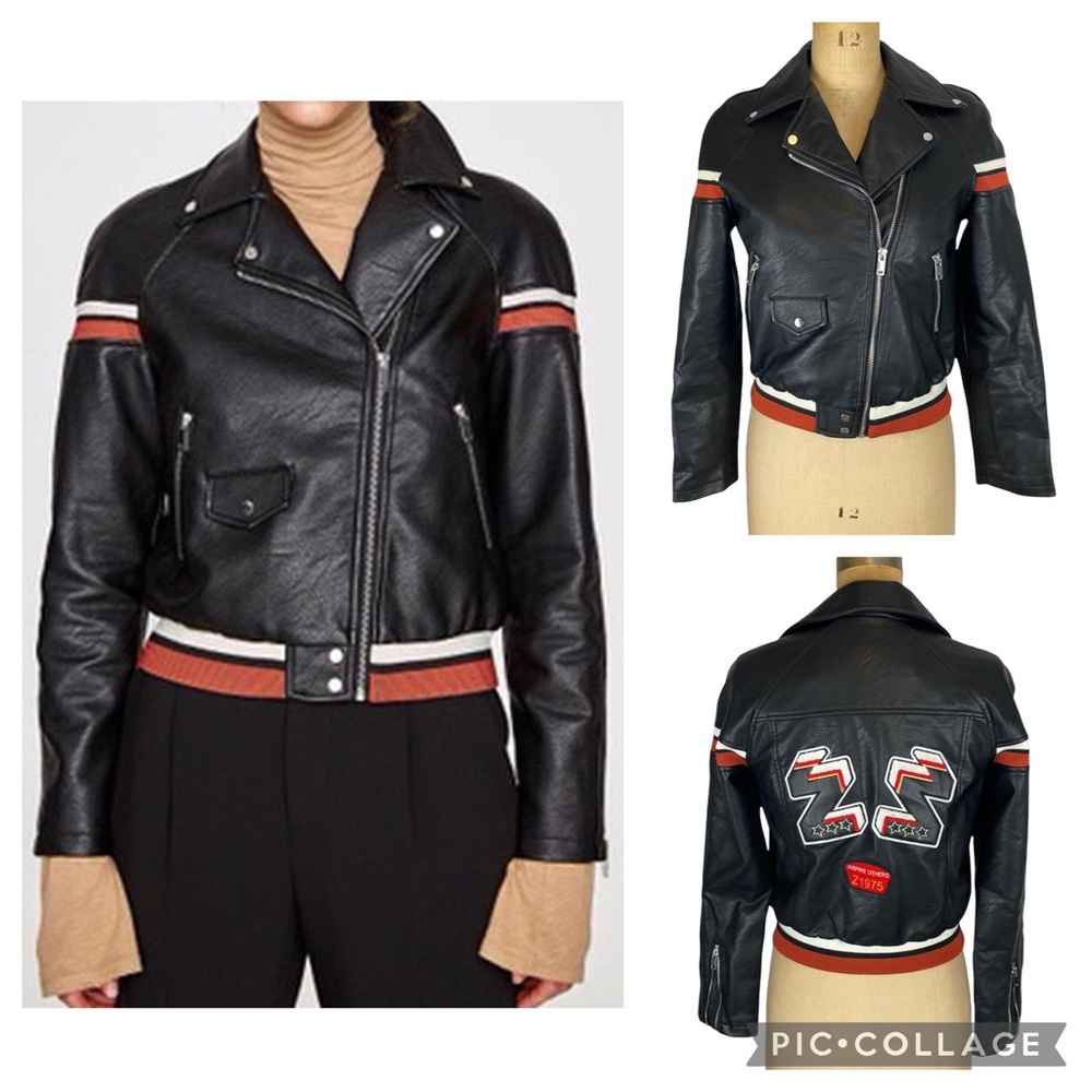 Zara Black Faux Leather Moto Jacket with Patch & Ribbed Detail Size S